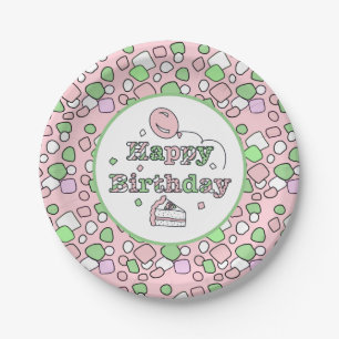 Assiettes En Carton Joyeux anniversaire rose et vert