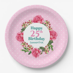 Assiettes En Carton Joyeux Anniversaire Rose Rouge Blanc Pétunia Polka