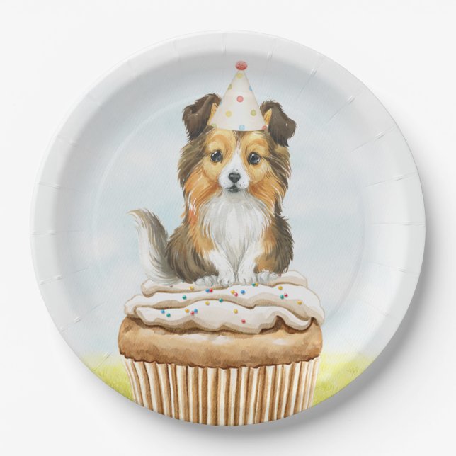 Assiettes En Carton Joyeux Anniversaire Sheltie Pup Cake (Devant)