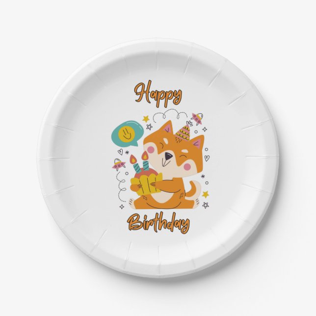Assiettes En Carton Joyeux Anniversaire Shiba Inu Plaques de papier (Devant)