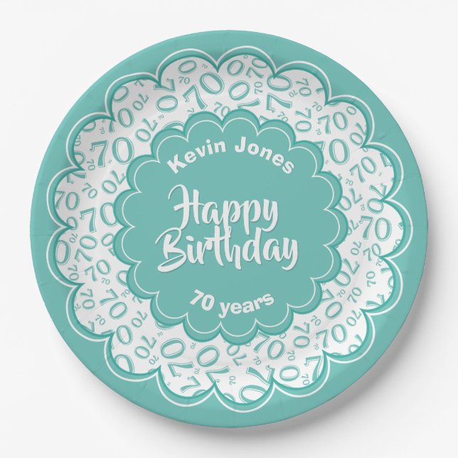 Assiettes En Carton Joyeux anniversaire soixante-dixième Teal et motif (Devant)