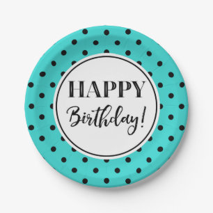Assiettes En Carton Joyeux Anniversaire Turquoise White Black Dots