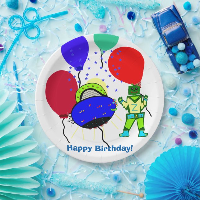 Assiettes En Carton Joyeux Anniversaire Vert Robot Garçon Bleu vaissea (Fête)