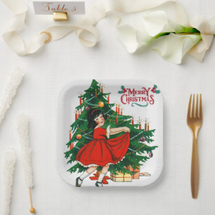 Assiettes En Carton Joyeux arbre de Noël Art vintage