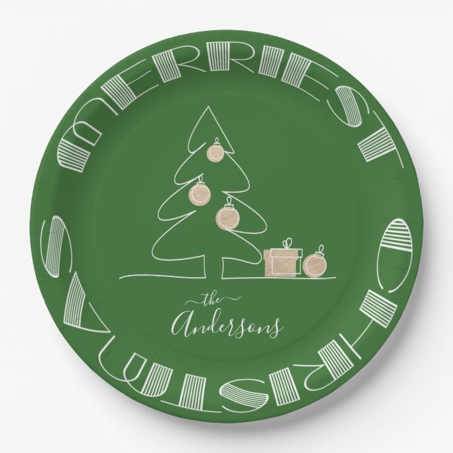 Assiettes En Carton Joyeux arbre de Noël vert (Devant)