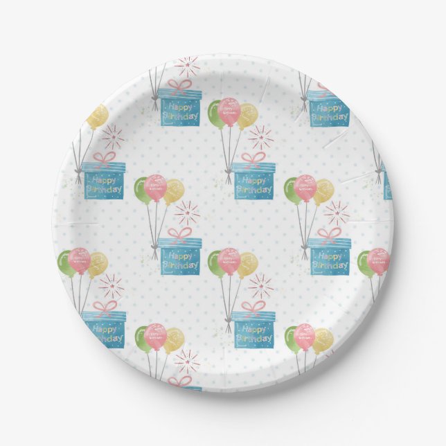Assiettes En Carton Joyeux Ballons d'anniversaire et boîte cadeau (Devant)
