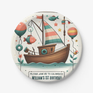 Assiettes En Carton joyeux bateau mignon garçon Poisson d'un 1er anniv
