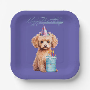 Assiettes En Carton Joyeux caniche d'anniversaire avec Casquette de fê