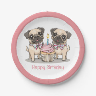 Assiettes En Carton Joyeux Carlin d'anniversaire Chiens Cupcake