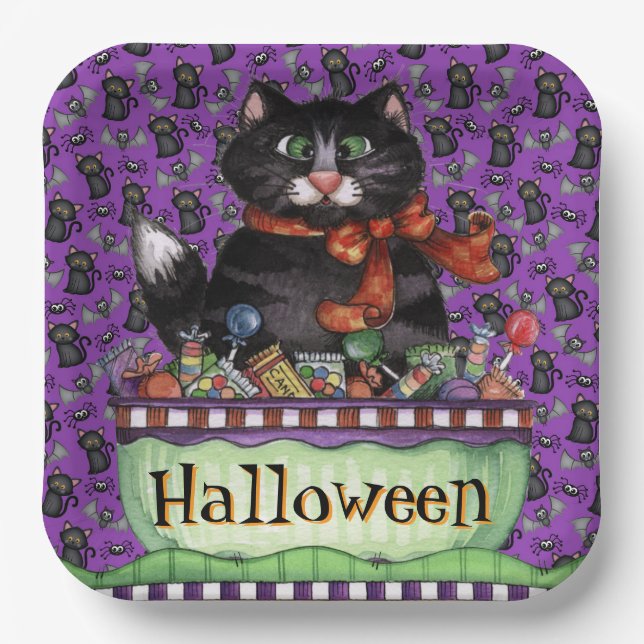 Assiettes En Carton Joyeux chat d'Halloween (Recto)