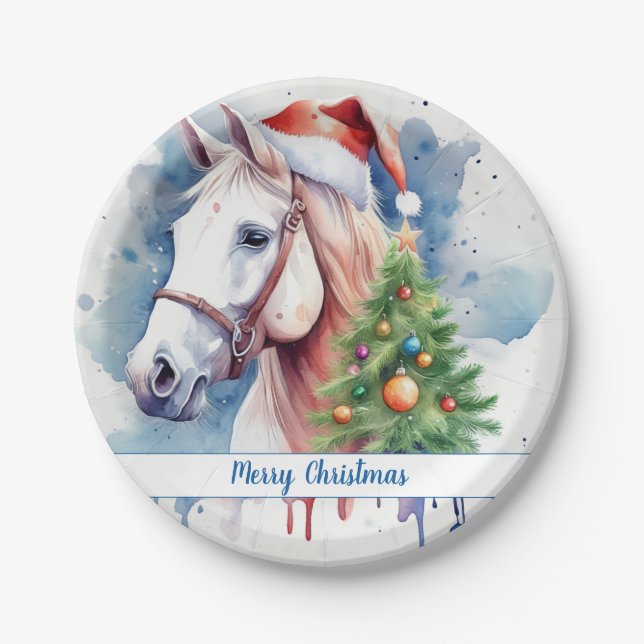 Assiettes En Carton Joyeux Cheval de Fête Casquette de Noël - (Devant)