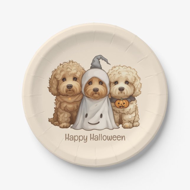 Assiettes En Carton Joyeux chien d'Halloween Goldendoodle (Devant)
