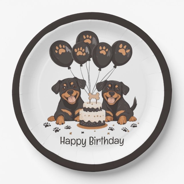 Assiettes En Carton Joyeux chien Rottweiler d'anniversaire (Devant)