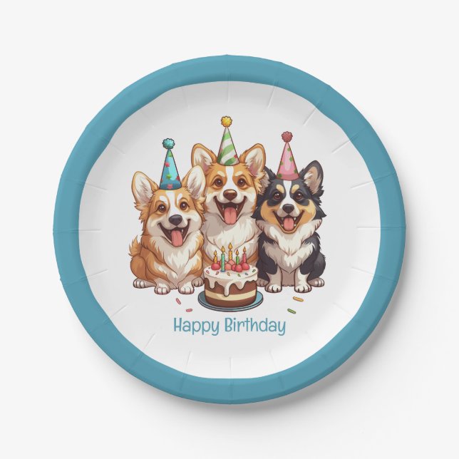 Assiettes En Carton Joyeux Chiens de Corgi d'anniversaire (Devant)