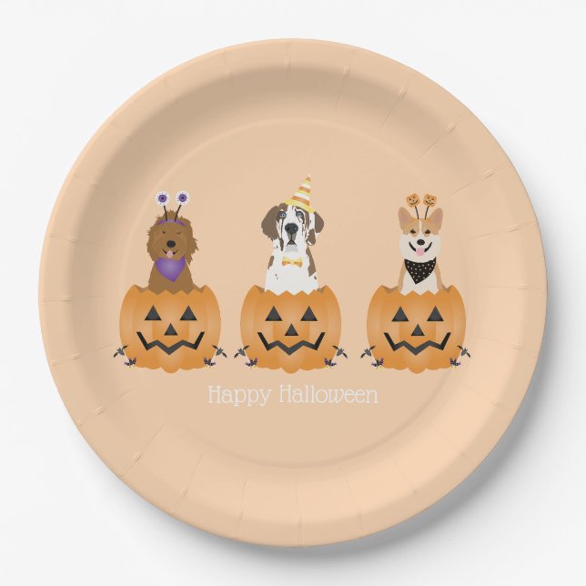 Assiettes En Carton Joyeux Chiens D'Halloween En Citrouille (Devant)
