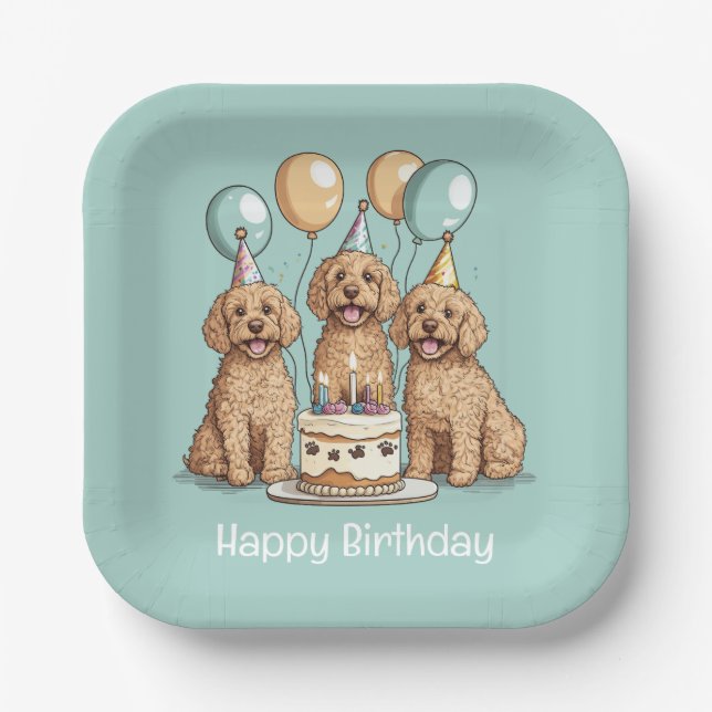 Assiettes En Carton Joyeux Chiens Goldendoodle Anniversaire (Recto)