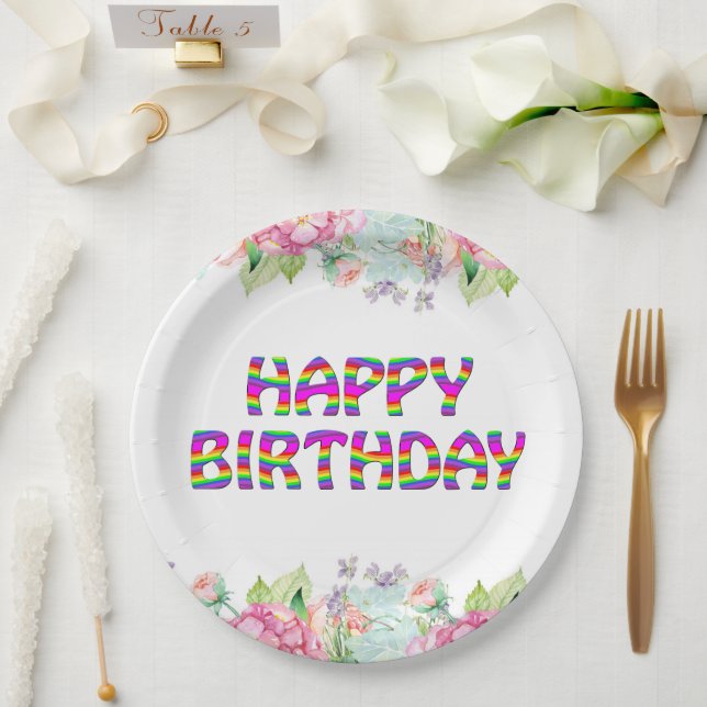 Assiettes En Carton Joyeux design floral d'anniversaire (Mariage)