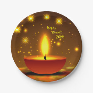 Assiettes En Carton Joyeux Diwali 20xx Diya Flamme Jaune Étincelle 7"
