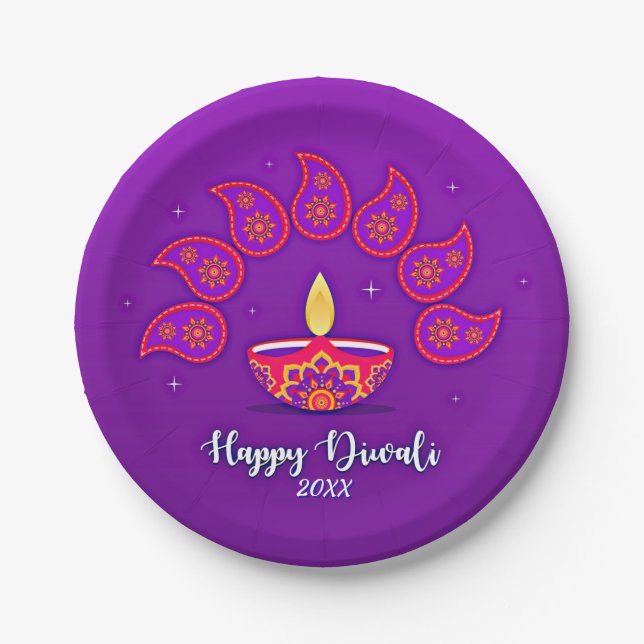 Assiettes En Carton Joyeux Diwali Ajouter Année 20xx Purple Jaune Roug (Devant)