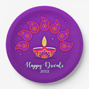 Assiettes En Carton Joyeux Diwali Ajouter Année 20xx Violet Jaune Roug