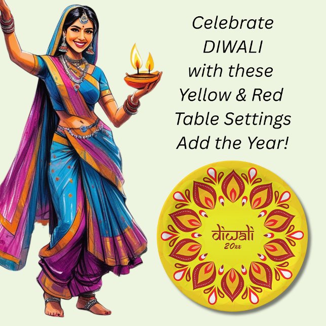 Assiettes En Carton Joyeux Diwali Ajouter année Jaune Rouge 9" Plaque  (Créateur téléchargé)