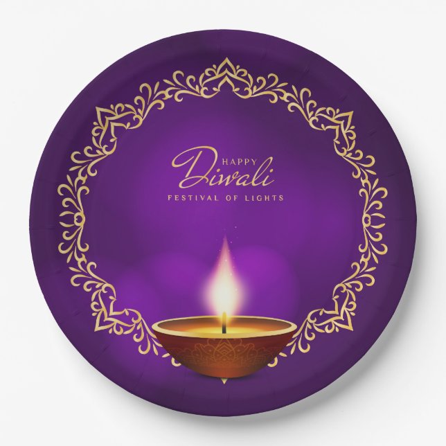 Assiettes En Carton Joyeux Diwali violet 9" (Devant)