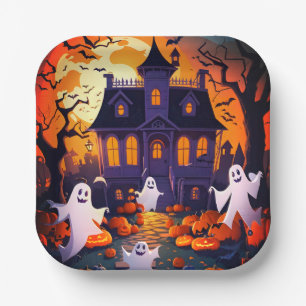 Assiettes En Carton Joyeux Fantôme D'Halloween Et Maison Hantée