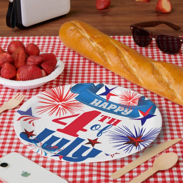 Assiettes En Carton Joyeux feu d'artifice 4 juillet et étoiles (Pique-nique)