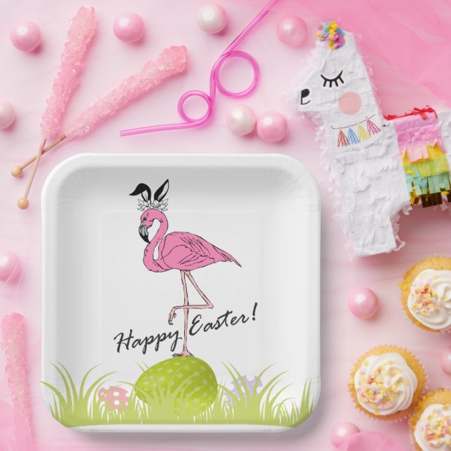 Assiettes En Carton Joyeux Flamant rose rose de Pâques Oreilles et oeu (Fête)