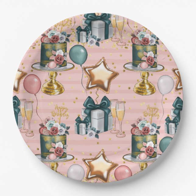 Assiettes En Carton Joyeux gâteau d'anniversaire (Devant)