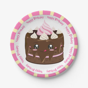 Assiettes En Carton Joyeux gâteau kawaii au chocolat d'anniversaire