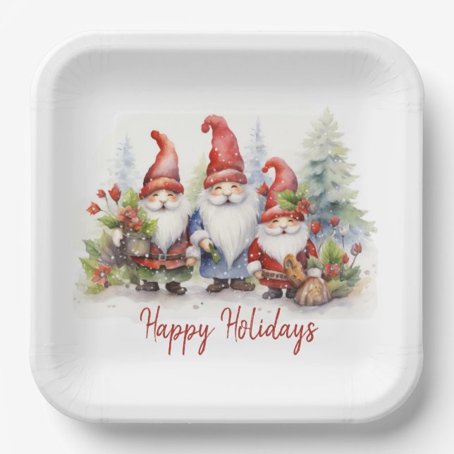 Assiettes En Carton Joyeux Gnomes De Vacances Dans Les Snowflakes (Recto)