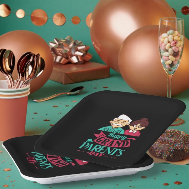 Assiettes En Carton Joyeux Grand-parents Jour mot art  (Multi)