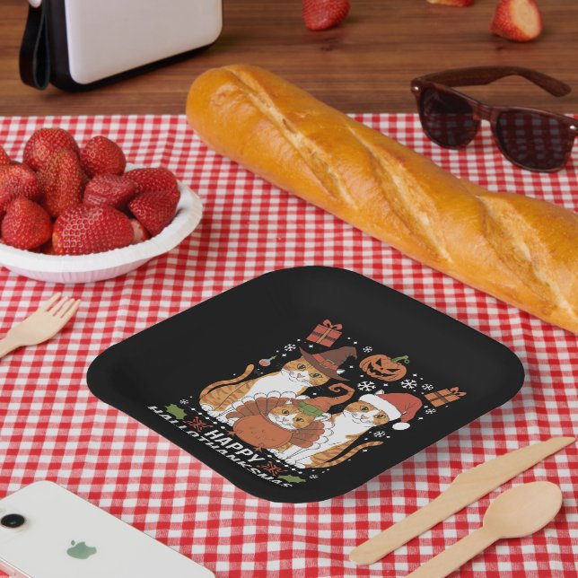 Assiettes En Carton Joyeux Hallothanksmas Chats Halloween Noël (Pique-nique)