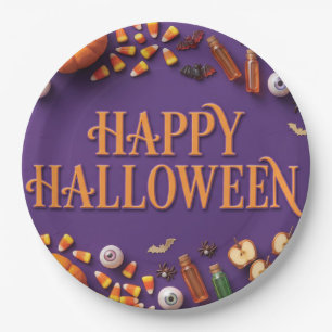 Assiettes En Carton Joyeux Halloween à plat sur fond violet 