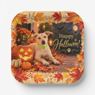 Assiettes En Carton Joyeux Halloween Chien Citrouille Feuilles d'autom