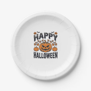 Assiettes En Carton Joyeux Halloween Citrouille Design de Gravure Vint