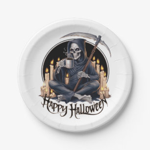 Assiettes En Carton Joyeux Halloween et un squelette