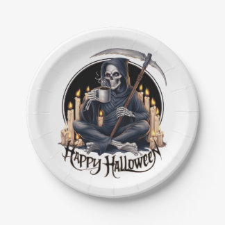 Assiettes En Carton Joyeux Halloween et un squelette