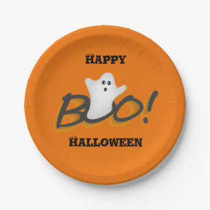 Assiettes En Carton Joyeux Halloween Gentil Fantôme Mot BOO !Orange