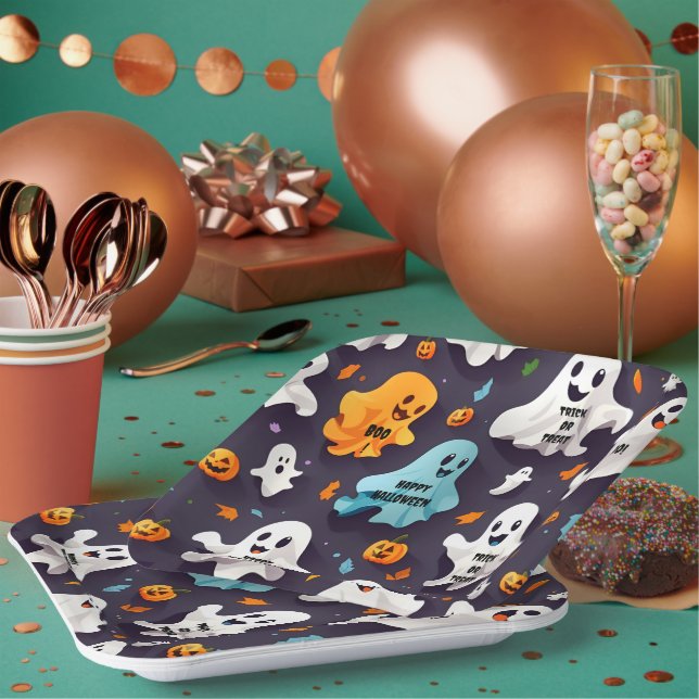 Assiettes En Carton Joyeux Halloween mignonette Mini Fantômes (Multi)