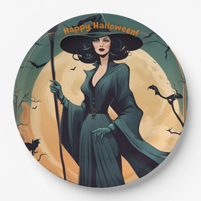 Assiettes En Carton Joyeux Halloween, Sorcière Art Déco, Costume Party (Devant)