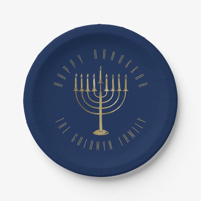 Assiettes En Carton Joyeux Hanoukka Blue et Gold Menorah Holiday (Devant)