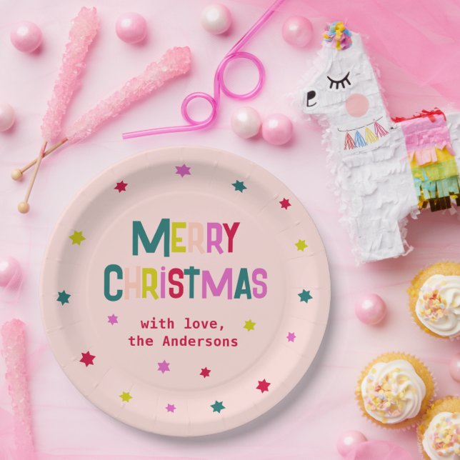 Assiettes En Carton Joyeux Joyeux Joyeux Noël Joyeux rose pâle (Fête)