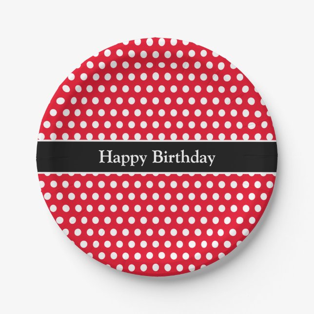 Assiettes En Carton Joyeux message d'anniversaire mignon Polka Dot rou (Devant)