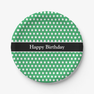 Assiettes En Carton Joyeux message d'anniversaire Polka Dot vert et bl