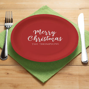 Assiettes En Carton Joyeux minimaliste de Noël Simple calligraphie rou