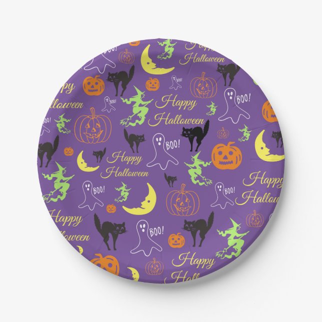 Assiettes En Carton Joyeux modèle Halloween Violet (Devant)
