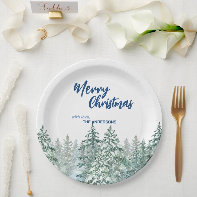 Assiettes En Carton Joyeux Noël arbres forêt Aquarelle script (Mariage)