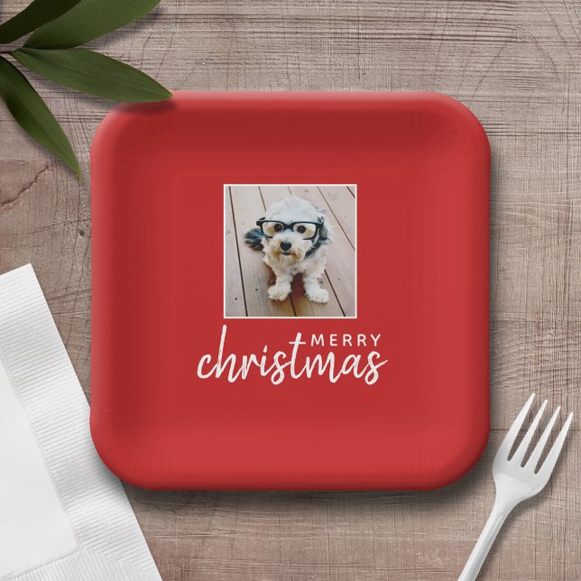 Assiettes En Carton Joyeux Noël avec une photo Carré - rouge (Personalized Christmas party plates with a photo and text)